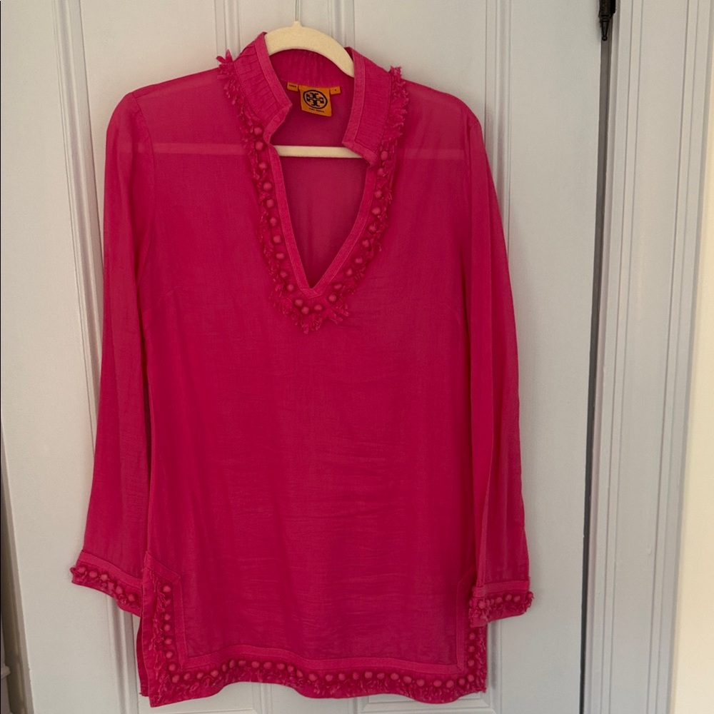 Tory Burch Hot Pink V-Neck Pom-Pom Tunic